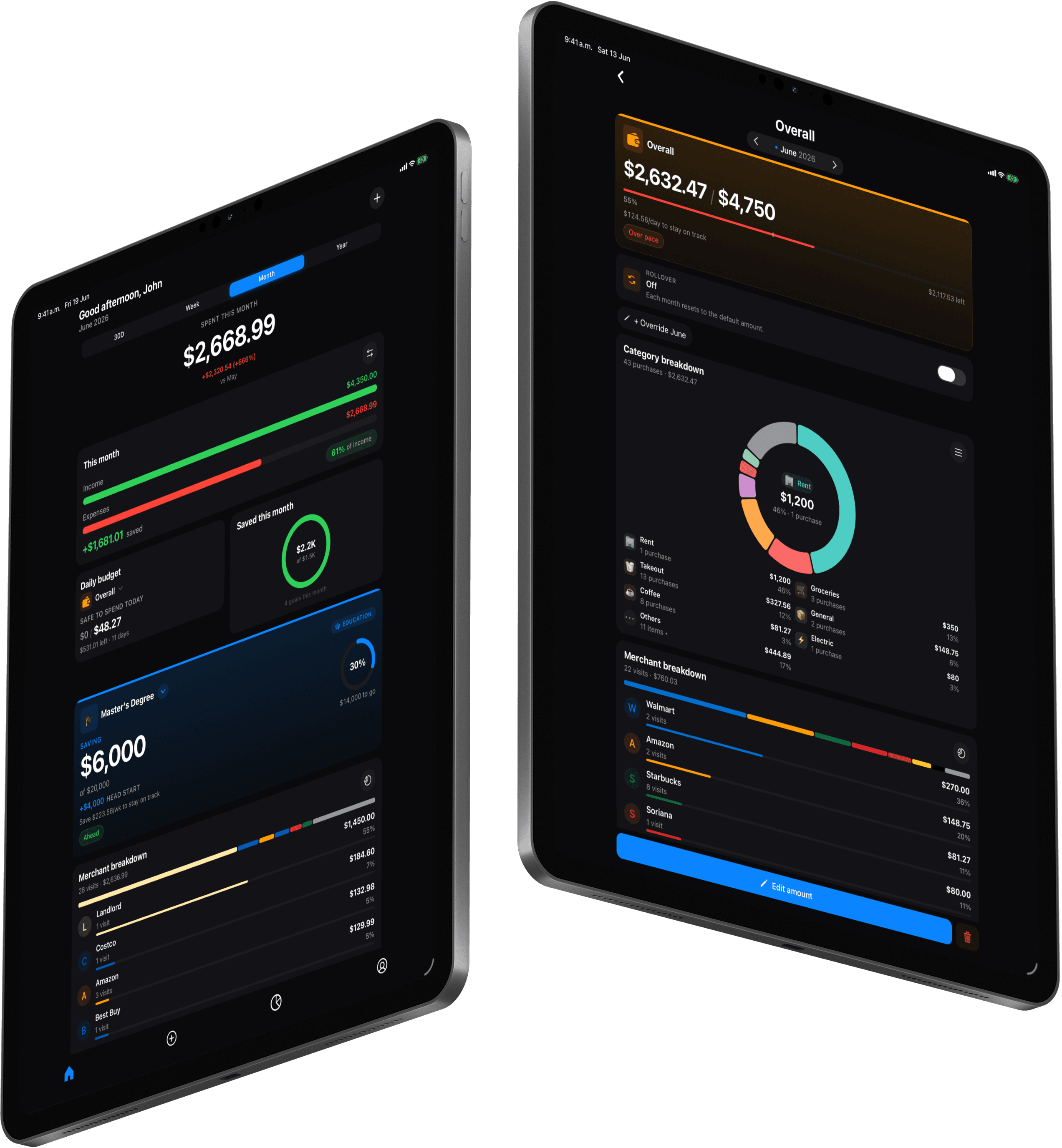The Kial app on two iPads showing the home dashboard and the budget breakdown