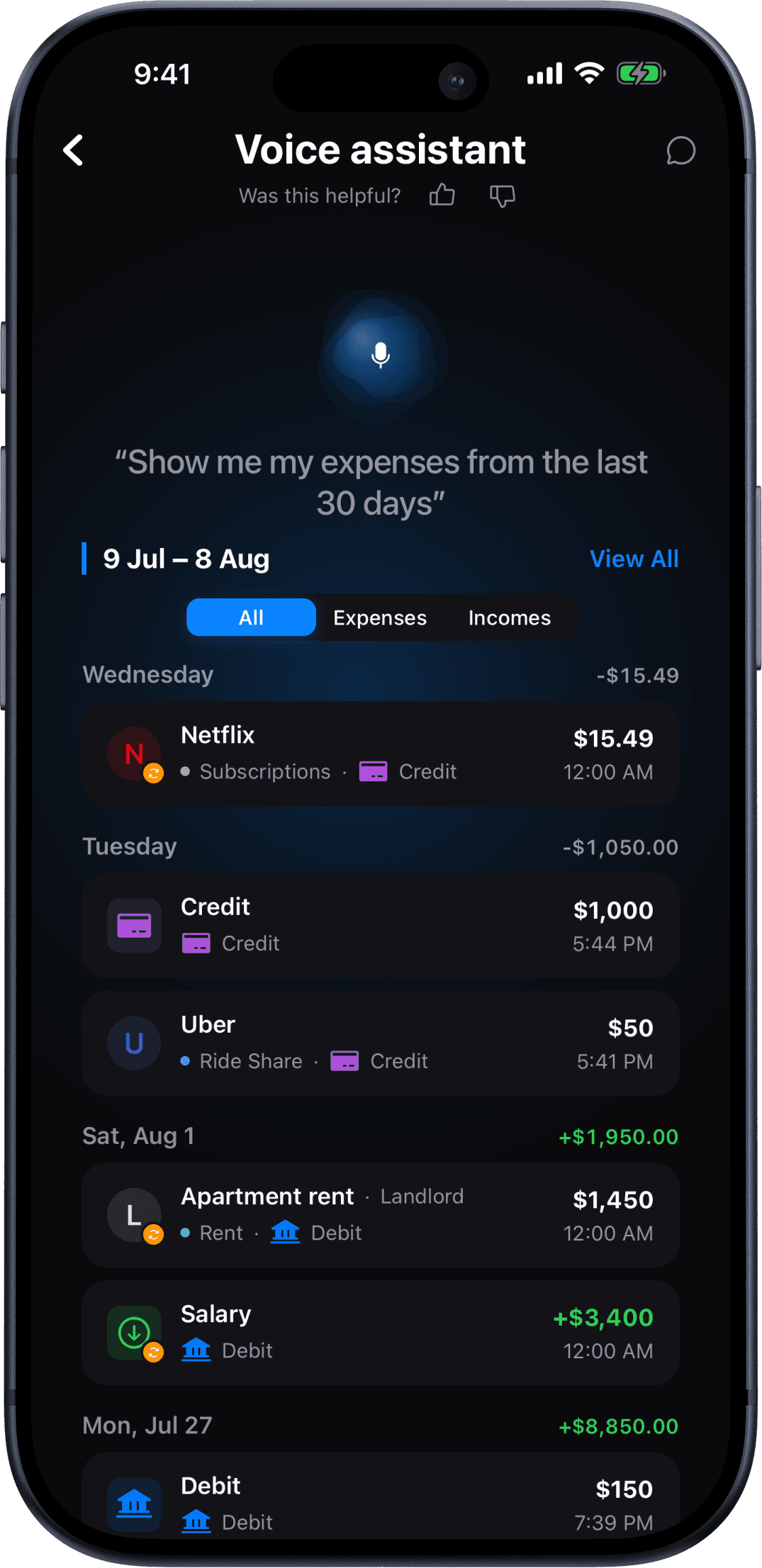 Kial's voice assistant answering “Show me my expenses from the last 30 days” with a list of transactions grouped by day